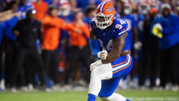 Florida defensive lineman Tyreak Sapp (94) celebrates after sacking Tennessee quarterback Joe Milton III (7) during a football game between Tennessee and Florida at Ben Hill Griffin Stadium in Gainesville, Fla., on Saturday, Sept. 16, 2023.
