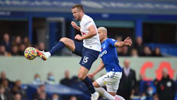 Everton's Brazilian striker Richarlison (R) challenges Tottenham Hotspur's English defender Eric Dier during the English Premier League football match between Everton and Tottenham Hotspur at Goodison Park in Liverpool, north west England on November 7, 2021. - RESTRICTED TO EDITORIAL USE. No use with unauthorized audio, video, data, fixture lists, club/league logos or 'live' services. Online in-match use limited to 120 images. An additional 40 images may be used in extra time. No video emulation. Social media in-match use limited to 120 images. An additional 40 images may be used in extra time. No use in betting publications, games or single club/league/player publications. (Photo by Oli SCARFF / AFP) / RESTRICTED TO EDITORIAL USE. No use with unauthorized audio, video, data, fixture lists, club/league logos or 'live' services. Online in-match use limited to 120 images. An additional 40 images may be used in extra time. No video emulation. Social media in-match use limited to 120 images. An additional 40 images may be used in extra time. No use in betting publications, games or single club/league/player publications. / RESTRICTED TO EDITORIAL USE. No use with unauthorized audio, video, data, fixture lists, club/league logos or 'live' services. Online in-match use limited to 120 images. An additional 40 images may be used in extra time. No video emulation. Social media in-match use limited to 120 images. An additional 40 images may be used in extra time. No use in betting publications, games or single club/league/player publications. (Photo by OLI SCARFF/AFP via Getty Images)