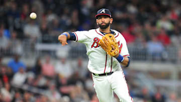 ATLANTA, GA - MAY 4: Jose Bautista #23 of the Atlanta Braves throws out a runner in the eighth inning during the game against the San Francisco Giants at SunTrust Park on May 4, 2018 in Atlanta, Georgia. (Photo by Scott Cunningham/Getty Images)