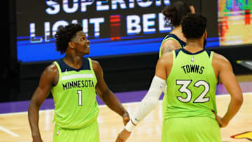 Anthony Edwards and Karl-Anthony Towns of the Minnesota Timberwolves. (Photo by Daniel Shirey/Getty Images)