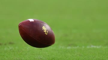 MIAMI, FL - OCTOBER 06: The game ball used by the Florida State Seminoles rests on the field during the game between the Miami Hurricanes and the Florida State Seminoles at Hard Rock Stadium on October 6, 2018 in Miami, Florida. (Photo by Mark Brown/Getty Images)