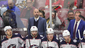 Nov 6, 2023; Sunrise, Florida, USA; Columbus Blue Jackets head coach Pascal Vincent looks on from the bench against the Florida Panthers during the third period at Amerant Bank Arena. Mandatory Credit: Sam Navarro-USA TODAY Sports