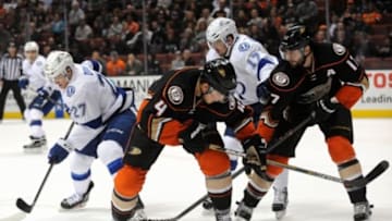 December 2, 2015; Anaheim, CA, USA; Tampa Bay Lightning left wing Jonathan Drouin (27) plays for the puck against Anaheim Ducks during the first period at Honda Center. Mandatory Credit: Gary A.Vasquez-USA TODAY Sports
