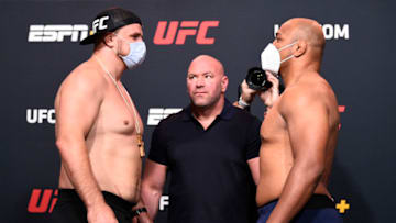 LAS VEGAS, NEVADA - SEPTEMBER 04: In this handout image provided by UFC, (L-R) Opponents Alexandr Romanov of Moldova and Marcos Rogerio De Lima of Brazil face off during the UFC Fight Night weigh-in at UFC APEX on September 04, 2020 in Las Vegas, Nevada. (Photo by Chris Unger/Zuffa LLC via Getty Images)