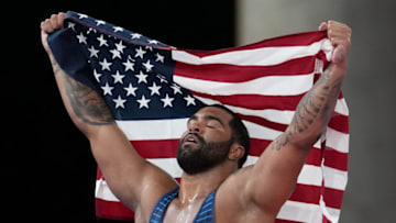 CHIBA, JAPAN AUGUST 6, 2021: Gold medalist USA's Gable Dan Steveson celebrates the golden medal after the men's freestyle 125kg wrestling competition during the Tokyo 2020 Olympic Games at the Makuhari Messe in Tokyo on August 6, 2021. ( (Photo by Stringer/Anadolu Agency via Getty Images)