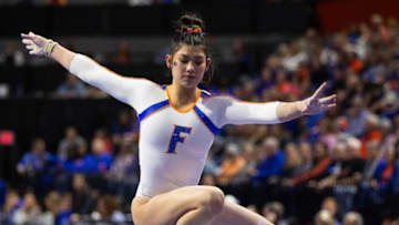 Florida Gators gymnast Kayla DiCello performs on the beam Friday. The Florida women's gymnastic team hosted the Georgia Bulldogs at Exactech Arena at the Stephen C. O’Connell Center in Gainesville, FL on Friday, January 27, 2023. Florida defeated Georgia 197.900 to 196.850. [Doug Engle/Ocala Star Banner]Flgai 012923 Uga Uf Gym