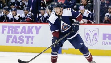 Nov 5, 2016; Denver, CO, USA; Colorado Avalanche defenseman Erik Johnson (6) controls the puck in the third period against the Minnesota Wild at the Pepsi Center. Mandatory Credit: Isaiah J. Downing-USA TODAY Sports