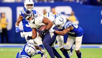 INDIANAPOLIS, INDIANA - NOVEMBER 18: Jonnu Smith #81 of the Tennessee Titans is tackled after a catch by the Indianapolis Colts in the second quarter at Lucas Oil Stadium on November 18, 2018 in Indianapolis, Indiana. (Photo by Andy Lyons/Getty Images)