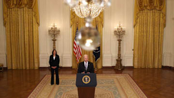 WASHINGTON, DC - MAY 17: U.S. President Joe Biden, joined by Vice President Kamala Harris, gives an update on his administration’s COVID-19 response and vaccination program in the East Room of the White House on May 17, 2021 in Washington, DC. Biden announced that the U.S. will send 20 million doses of Pfizer, Moderna and Johnson & Johnson COVID-19 vaccines abroad on top of the 60 million AstraZeneca doses already planned for export. (Photo by Anna Moneymaker/Getty Images)