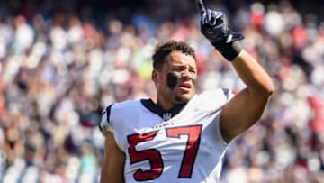 FOXBORO, MASSACHUSETTS - SEPTEMBER 24: Brennan Scarlett #57 of the Houston Texans reacts before a game against the New England Patriots at Gillette Stadium on September 24, 2017 in Foxboro, Massachusetts. (Photo by Billie Weiss/Getty Images)