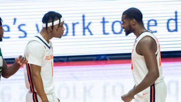 Nov 27, 2020; Champaign, Illinois, USA; Illinois Fighting Illini guard Trent Frazier (left) and guard Da'Monte Williams (right) celebrate during the second half against the Ohio Bobcats at the State Farm Center. Mandatory Credit: Patrick Gorski-USA TODAY Sports