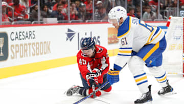 Sep 24, 2023; Washington, District of Columbia, USA; Washington Capitals forward Matthew Phillips (45) and Buffalo Sabres defenseman Riley Stillman (61) battles for the puck during the third period at Capital One Arena. Mandatory Credit: Amber Searls-USA TODAY Sports