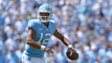 CHAPEL HILL, NC - SEPTEMBER 09: Chazz Surratt #12 of the North Carolina Tar Heels throws against the Louisville Cardinals during the game at Kenan Stadium on September 9, 2017 in Chapel Hill, North Carolina. Louisville won 47-35. (Photo by Grant Halverson/Getty Images)