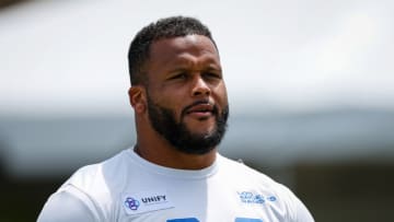 IRVINE, CA - JULY 29: Aaron Donald #99 of the Los Angeles Rams looks on during training camp at University of California Irvine on July 29, 2022 in Irvine, California. (Photo by Scott Taetsch/Getty Images)