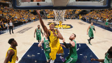 INDIANAPOLIS, IN - APRIL 21: Myles Turner #33 of the Indiana Pacers shoots the ball against the Boston Celtics during Game Four of Round One of the 2019 NBA Playoffs on April 21, 2019 at Bankers Life Fieldhouse in Indianapolis, Indiana. NOTE TO USER: User expressly acknowledges and agrees that, by downloading and or using this photograph, User is consenting to the terms and conditions of the Getty Images License Agreement. Mandatory Copyright Notice: Copyright 2019 NBAE (Photo by Ron Hoskins/NBAE via Getty Images)