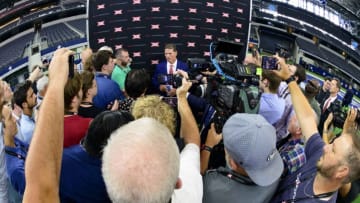 Jul 14, 2022; Arlington, TX, USA; Oklahoma Sooners head coach Brent Venables is interviewed during the Big 12 Media Day at AT&T Stadium. Mandatory Credit: Jerome Miron-USA TODAY Sports