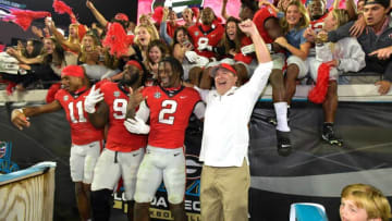 Georgia Bulldogs head coach Kirby Smart celebrates with his players and fans after their victory over Florida. The annual Georgia vs Florida football rivalry was held at TIAA Bank Field in Jacksonville, FL Saturday, October 29, 2022. The Bulldogs went in at halftime with a 28 to 3 lead over the Gators and won with a final score of 42 to 20. [Bob Self/Florida Times-Union]Jki 102822 Bs Georgia Vs Florida Football Game 2nd Half 06