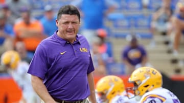 GAINESVILLE, FL - OCTOBER 07: Head coach Ed Orgeron of the LSU Tigers looks over his team prior to the game against the against the Florida Gators at Ben Hill Griffin Stadium on October 7, 2017 in Gainesville, Florida. (Photo by Sam Greenwood/Getty Images)
