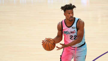 LOS ANGELES, CALIFORNIA - FEBRUARY 20: Jimmy Butler #22 of the Miami Heat handles the ball during the game against the Los Angeles Lakers at Staples Center on February 20, 2021 in Los Angeles, California. NOTE TO USER: User expressly acknowledges and agrees that, by downloading and or using this photograph, User is consenting to the terms and conditions of the Getty Images License Agreement. (Photo by Meg Oliphant/Getty Images)