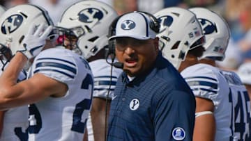 PROVO, UT - SEPTEMBER 16: Head coach Kalani Sitake of the Brigham Young Cougars looks on during a time out in the second half of their 40-6 loss to the Wisconsin Badgers at LaVell Edwards Stadium on September 16, 2017 in Provo, Utah. (Photo by Gene Sweeney Jr/Getty Images)
