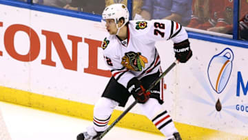 Apr 21, 2016; St. Louis, MO, USA; Chicago Blackhawks left wing Artemi Panarin (72) controls the puck in the game against the St. Louis Blues during the third period in game five of the first round of the 2016 Stanley Cup Playoffs at Scottrade Center. Mandatory Credit: Billy Hurst-USA TODAY Sports