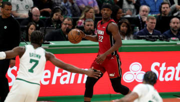 May 17, 2023; Boston, Massachusetts, USA; Miami Heat forward Jimmy Butler (22) dribbles during the second half against the Boston Celtics in game one of the Eastern Conference Finals for the 2023 NBA playoffs at TD Garden. Mandatory Credit: Paul Rutherford-USA TODAY Sports