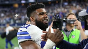 Oct 30, 2016; Arlington, TX, USA; Dallas Cowboys running back Ezekiel Elliott (21) celebrates after the game against the Philadelphia Eagles at AT&T Stadium. Mandatory Credit: Matthew Emmons-USA TODAY Sports