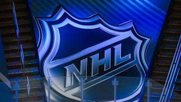 Aug 13, 2020; Edmonton, Alberta, CAN; General view of NHL logo in the stands during the warmup period between the Dallas Stars and the Calgary Flames in game two of the first round of the 2020 Stanley Cup Playoffs at Rogers Place. Mandatory Credit: Sergei Belski-USA TODAY Sports