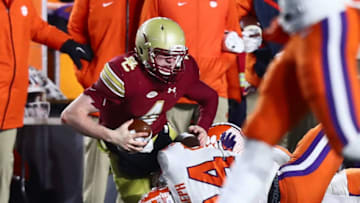 CHESTNUT HILL, MA - NOVEMBER 10: Quarterback EJ Perry #4 of the Boston College Eagles is sacked by Kendall Joseph #34 of the Clemson Tigers in the fourth quarter of the game at Alumni Stadium on November 10, 2018 in Chestnut Hill, Massachusetts. (Photo by Omar Rawlings/Getty Images)