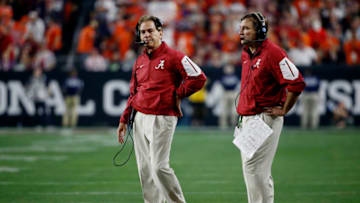 GLENDALE, AZ - JANUARY 11: Head coach Nick Saban and Defensive coordinator Kirby Smart of the Alabama Crimson Tide look on from the field during the 2016 College Football Playoff National Championship Game against the Clemson Tigers at University of Phoenix Stadium on January 11, 2016 in Glendale, Arizona. (Photo by Sean M. Haffey/Getty Images)