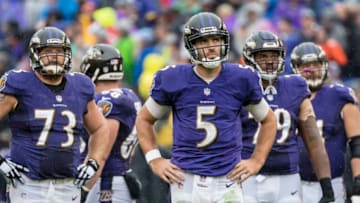 BALTIMORE, MD - SEPTEMBER 23: Joe Flacco #5 of the Baltimore Ravens looks on against the Denver Broncos during the second half at M&T Bank Stadium on September 23, 2018 in Baltimore, Maryland. (Photo by Scott Taetsch/Getty Images)