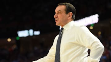 Mar 19, 2017; Greenville, SC, USA; Duke Blue Devils head coach Mike Krzyzewski reacts during the second half against the South Carolina Gamecocks in the second round of the 2017 NCAA Tournament. Mandatory Credit: Bob Donnan-USA TODAY Sports