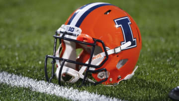 CHAMPAIGN, IL - OCTOBER 19: General view of an Illinois Fighting Illini helmet before the game against the Wisconsin Badgers at Memorial Stadium on October 19, 2013 in Champaign, Illinois. Wisconsin defeated Illinois 56-32. (Photo by Michael Hickey/Getty Images)