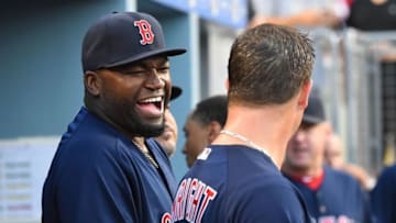 Aug 5, 2016; Los Angeles, CA, USA; Boston Red Sox designated hitter David Ortiz (34) with starting pitcher Steven Wright (35) in the dugout before the game against the Los Angeles Dodgers at Dodger Stadium. Mandatory Credit: Jayne Kamin-Oncea-USA TODAY Sports