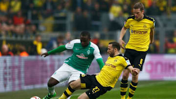 DORTMUND, GERMANY - APRIL 02: Anthony Ujah of Werder Bremen and Sven Bender and Gonzalo Castro of Borussia Dortmund compete for the ball during the Bundesliga match between Borussia Dortmund and Werder Bremen at Signal Iduna Park on April 2, 2016 in Dortmund, Germany. (Photo by Dean Mouhtaropoulos/Bongarts/Getty Images)