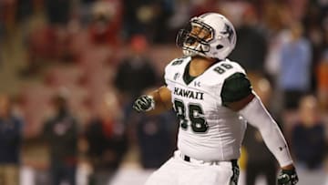 Nov 19, 2016; Fresno, CA, USA; Hawaii Warriors tight end Dakota Torres (86) reacts after a Warriors touchdown against the Fresno State Bulldogs in the fourth quarter at Bulldog Stadium. The Warriors defeated the Bulldogs 14-13. Mandatory Credit: Cary Edmondson-USA TODAY Sports