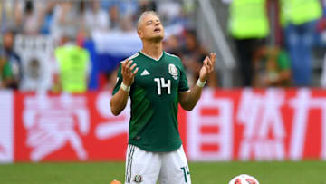 SAMARA, RUSSIA - JULY 02: Javier Hernandez of Mexico prays prior to the 2018 FIFA World Cup Russia Round of 16 match between Brazil and Mexico at Samara Arena on July 2, 2018 in Samara, Russia. (Photo by Dan Mullan/Getty Images)