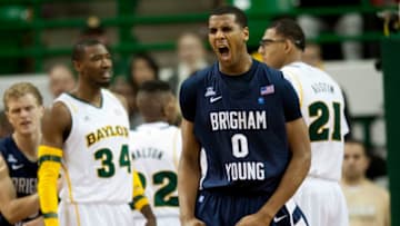 WACO, TX - DECEMBER 21: Brandon Davies #0 of the Brigham Young University Cougars celebrates after a dunk against the Baylor University Bears on December 21, 2012 at the Ferrell Center in Waco, Texas. (Photo by Cooper Neill/Getty Images)