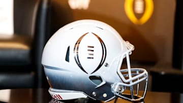 ATLANTA, GA - December 6: A National Championship logo'd helmet is displayed prior to the College Football Playoff Semifinal Head Coaches News Conference on December 6, 2018 in Atlanta, Georgia. (Photo by Todd Kirkland/Getty Images)