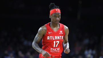 LAS VEGAS, NEVADA - AUGUST 09: Erica Wheeler #17 of the Atlanta Dream runs on the court during a game against the Las Vegas Aces at Michelob ULTRA Arena on August 09, 2022 in Las Vegas, Nevada. The Aces defeated the Dream 97-90. NOTE TO USER: User expressly acknowledges and agrees that, by downloading and or using this photograph, User is consenting to the terms and conditions of the Getty Images License Agreement. (Photo by Ethan Miller/Getty Images)