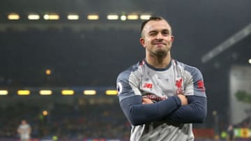 BURNLEY, ENGLAND - DECEMBER 05: Xherdan Shaqiri of Liverpool celebrates after scoring his team's third goal during the Premier League match between Burnley FC and Liverpool FC at Turf Moor on December 5, 2018 in Burnley, United Kingdom. (Photo by Alex Livesey/Getty Images)