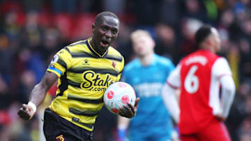 WATFORD, ENGLAND - MARCH 06: Moussa Sissoko of Watford FC celebrates after scoring their sides second goal during the Premier League match between Watford and Arsenal at Vicarage Road on March 06, 2022 in Watford, England. (Photo by Alex Pantling/Getty Images)