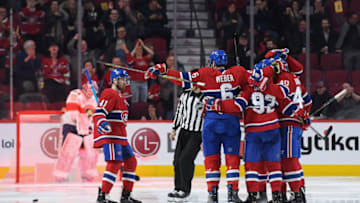 MONTREAL, QC - JANUARY 15: Shea Weber #6 of the Montreal Canadiens celebrates with teammates after scoring a goal against the Florida Panthers in the NHL game at the Bell Centre on January 15, 2019 in Montreal, Quebec, Canada. (Photo by Francois Lacasse/NHLI via Getty Images)