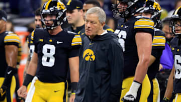 INDIANAPOLIS, INDIANA - DECEMBER 04: Head coach Kirk Ferentz of the Iowa Hawkeyes on the field during warms up before the Big Ten Championship game against the Michigan Wolverines at Lucas Oil Stadium on December 04, 2021 in Indianapolis, Indiana. (Photo by Justin Casterline/Getty Images)