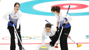 GANGNEUNG, SOUTH KOREA - FEBRUARY 14: Becca Hamilton of the United States of America casts a stone between teammates Tabitha Peterson, left, and Aileen Geving during the game against Japan in the Women's Round Robin Session 1 on day five of the PyeongChang 2018 Winter Olympic Games at Gangneung Curling Centre on February 14, 2018 in Gangneung, South Korea. (Photo by Maddie Meyer/Getty Images)