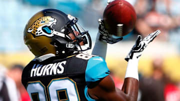 JACKSONVILLE, FL - OCTOBER 19: Allen Hurns #88 of the Jacksonville Jaguars warms up before the game against the Cleveland Browns at EverBank Field on October 19, 2014 in Jacksonville, Florida. (Photo by Sam Greenwood/Getty Images)