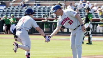 May 25, 2022; Scottsdale, Arizona, USA; Arizona Wildcats Garen Caulfield (1) heads for home after hitting a two-run home run against the Oregon Ducks in the second inning during the Pac-12 Baseball Tournament at Scottsdale Stadium.Ncaa Baseball Arizona At Oregon