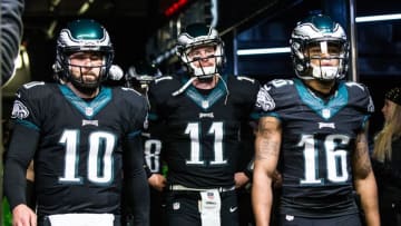 Dec 22, 2016; Philadelphia, PA, USA; Philadelphia Eagles quarterback Chase Daniel (10) and quarterback Carson Wentz (11) and wide receiver Bryce Treggs (16) walk out of the tunnel for warm ups against the New York Giants at Lincoln Financial Field. Mandatory Credit: Bill Streicher-USA TODAY Sports