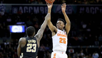 NEW YORK, NY - MARCH 06: Tyus Battle (25) of the Syracuse Orange takes a shot against Chaundee Brown (23) of the Wake Forest Demon Deacons in the second half during the first round of the ACC Men's Basketball Tournament at Barclays Center on March 6, 2018 in New York City. (Photo by Abbie Parr/Getty Images)