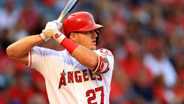 ANAHEIM, CA - JUNE 21: John Lamb #46Mike Trout #27 of the Los Angeles Angels of Anaheim hits during a game against the Toronto Blue Jays at Angel Stadium on June 21, 2018 in Anaheim, California. (Photo by Sean M. Haffey/Getty Images)